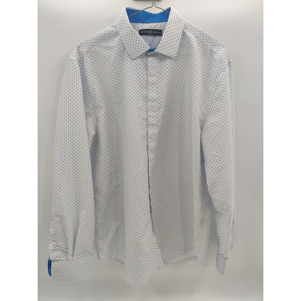Society of Threads Mens Dress‎ Shirt White Blue Geometric Pattern L/S Sz L